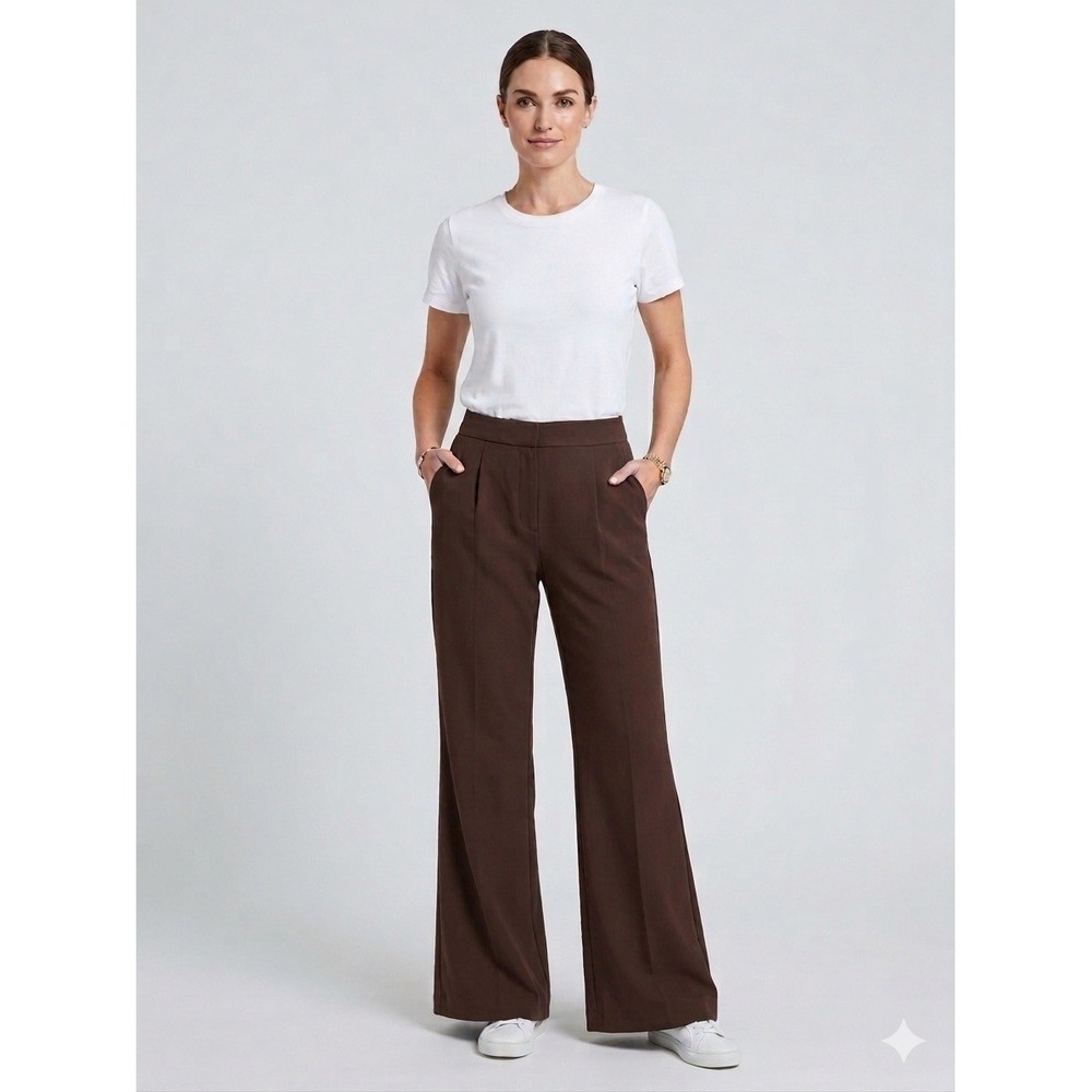 Spanx Carefree Crepe Pleated Wide Leg Trousers Brown Womens Size Medium